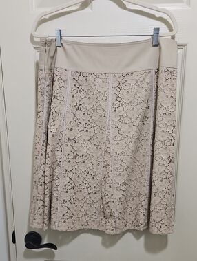 Vintage Neutral Tan Lace A-Line Skirt with Floral Overlay 14US Plus Size
